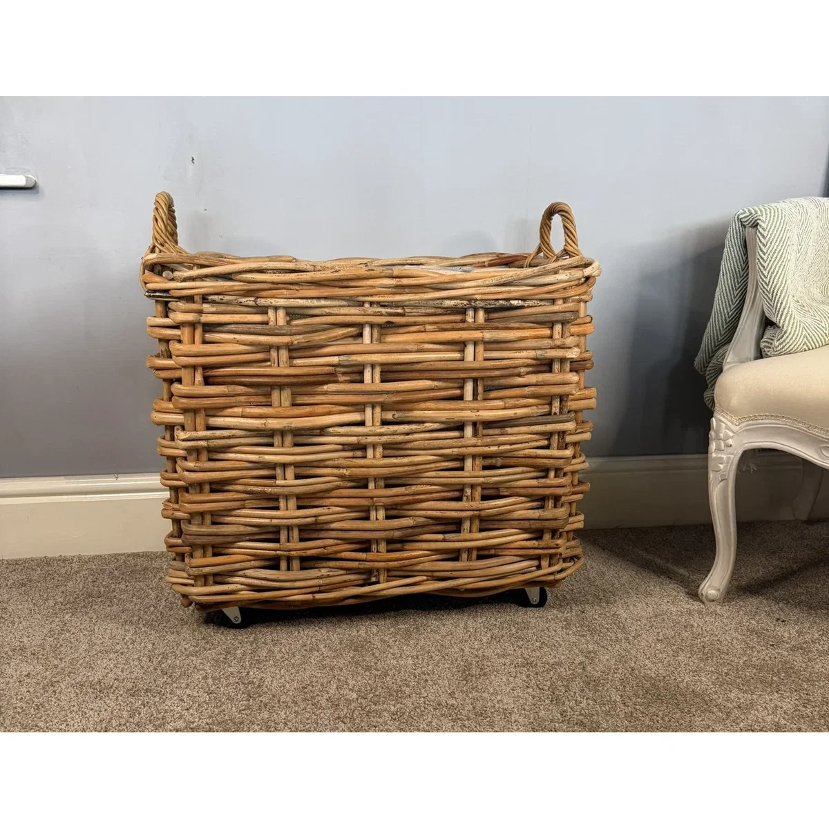 Wovenhill Bamboo Rattan Rectangle Storage Log Basket with Wheels and Hoop Handles – image 2