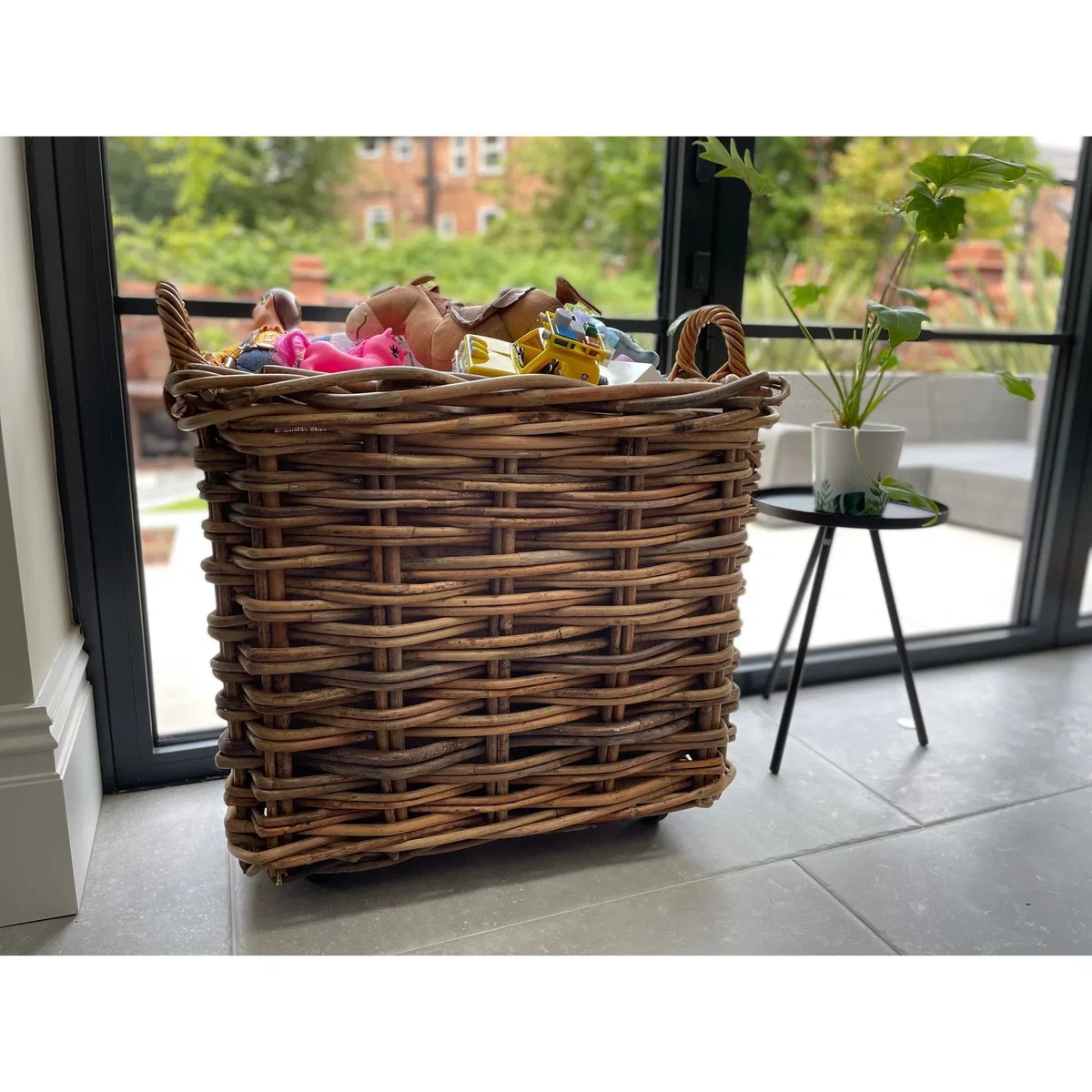 Wovenhill Bamboo Rattan Rectangle Storage Log Basket with Wheels and Hoop Handles – image 6