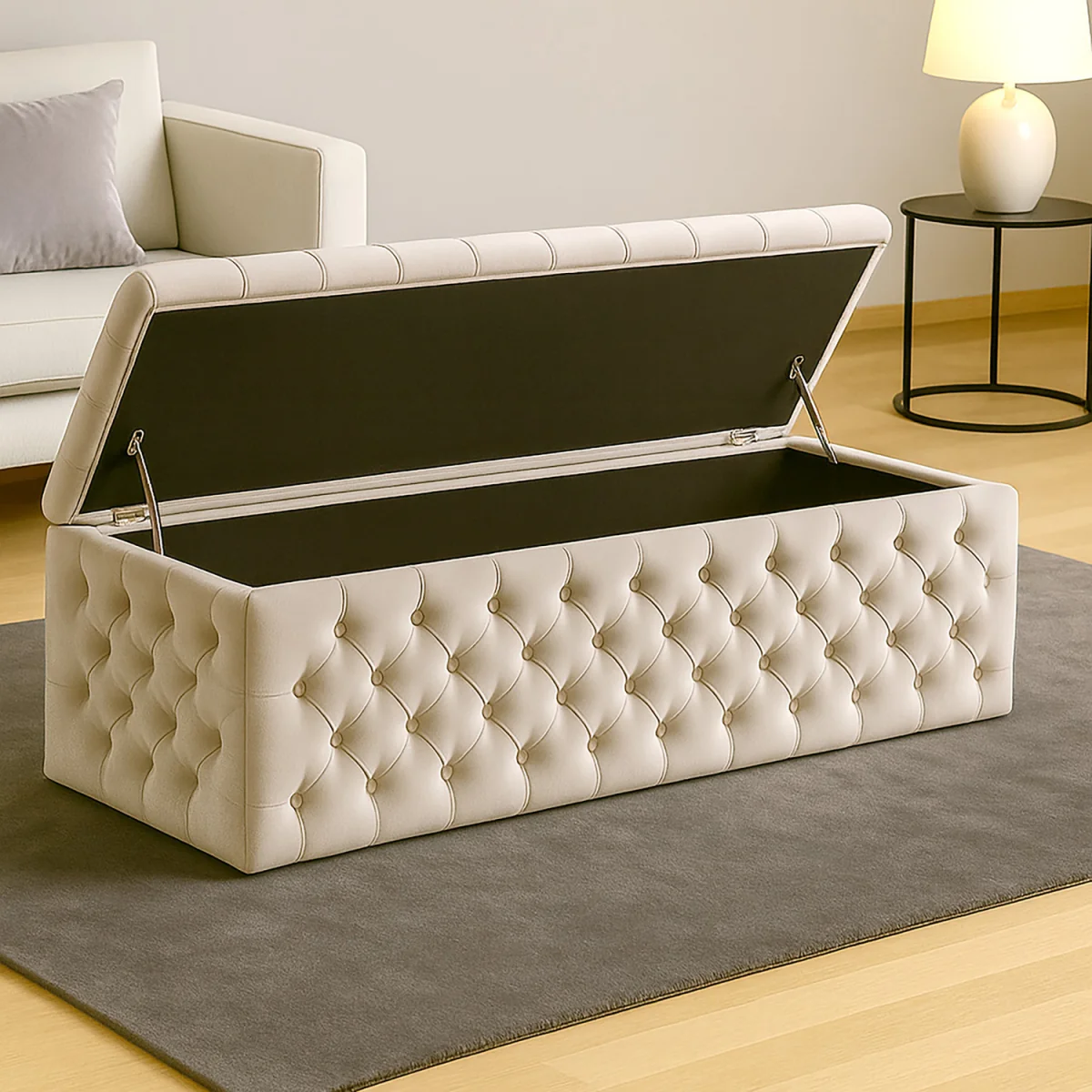 Wide Lux Ottoman Storage Box, Silver Velvet Upholstered Chesterfield Storage Ottoman Box - White – image 2