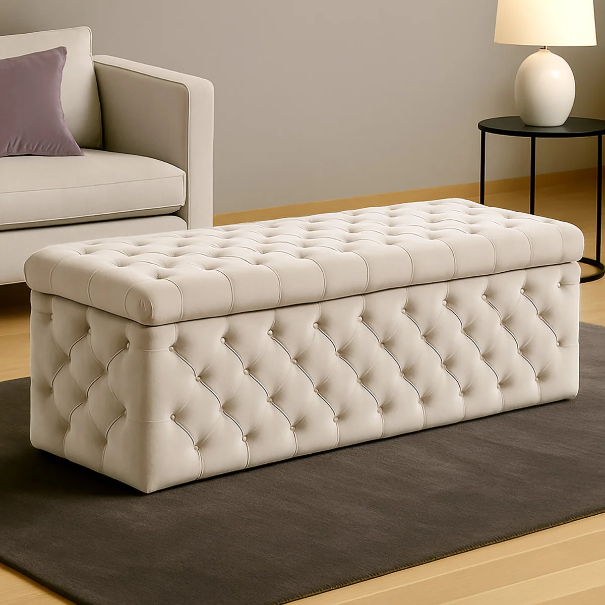 Wide Lux Ottoman Storage Box, Silver Velvet Upholstered Chesterfield Storage Ottoman Box - White – image 1