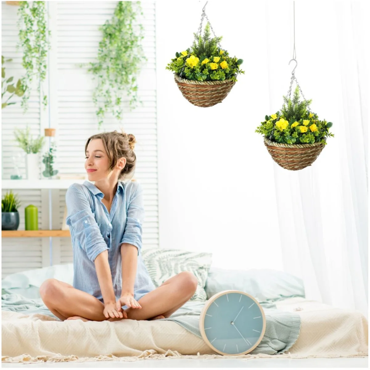 Artificial Hanging Flower Basket Set Lisianthus Decor - Yellow – image 3