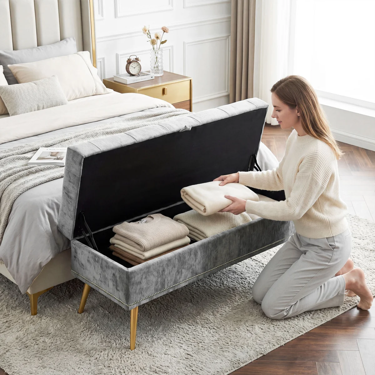 HOMCOM Storage Ottoman, Chenille Ottoman Storage Box - Grey – image 3