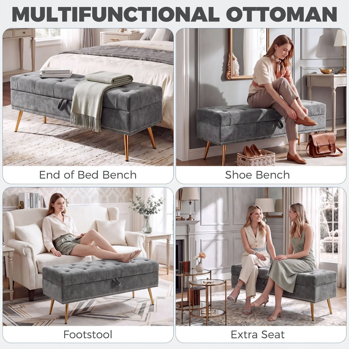 HOMCOM Storage Ottoman, Chenille Ottoman Storage Box - Grey – image 4