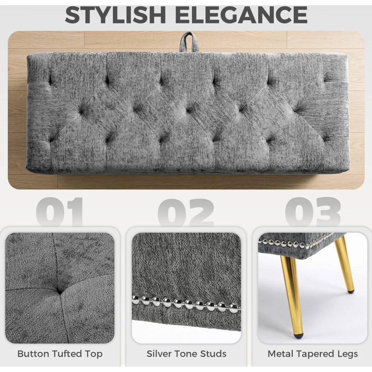 HOMCOM Storage Ottoman, Chenille Ottoman Storage Box - Grey – image 5