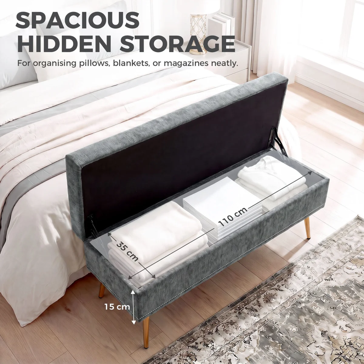 HOMCOM Storage Ottoman, Chenille Ottoman Storage Box - Grey – image 7