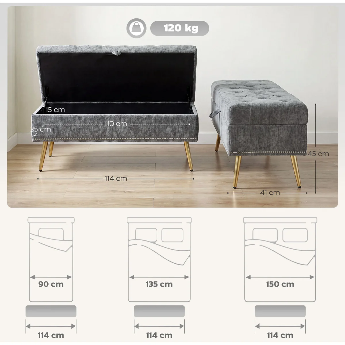 HOMCOM Storage Ottoman, Chenille Ottoman Storage Box - Grey – image 8