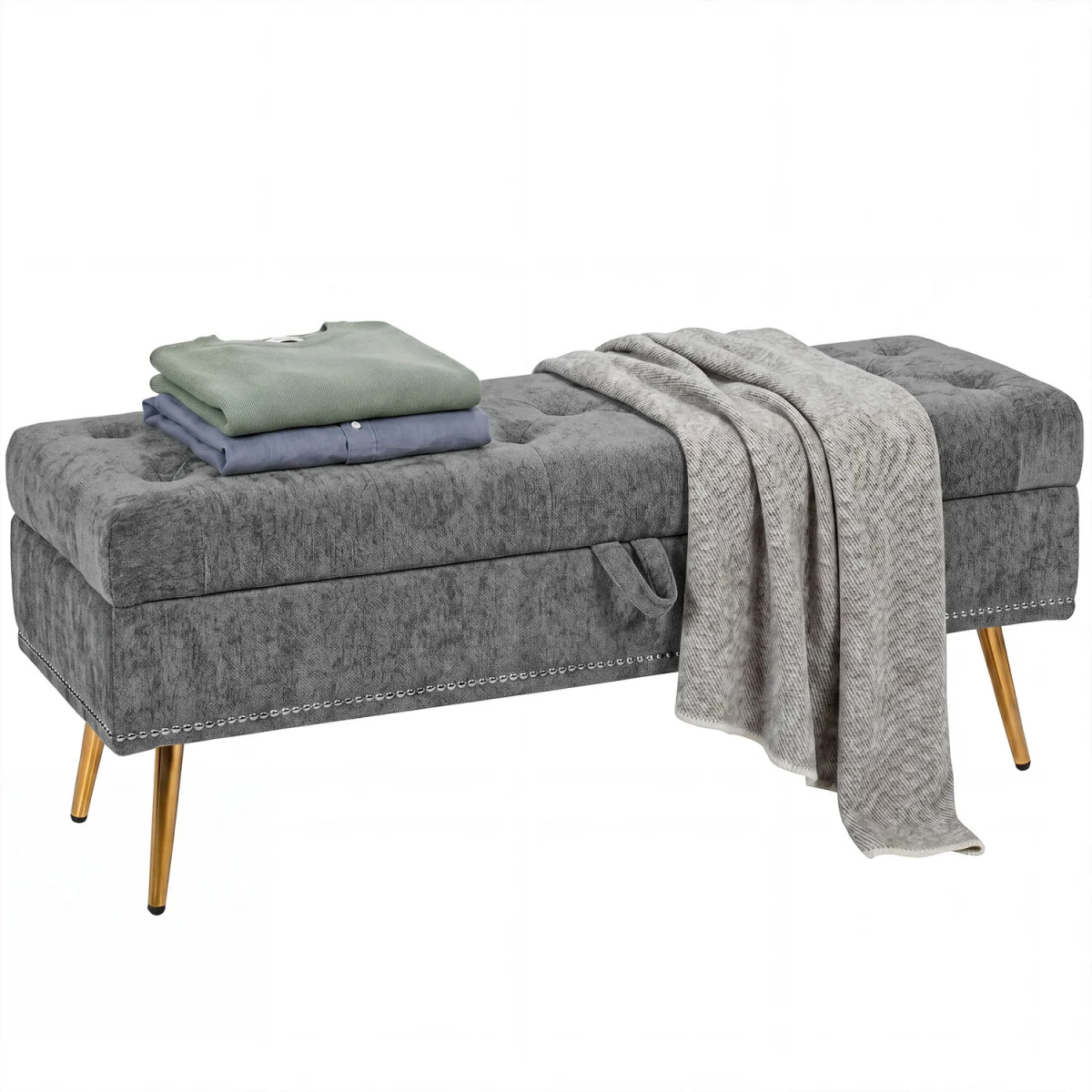 HOMCOM Storage Ottoman, Chenille Ottoman Storage Box - Grey – image 9