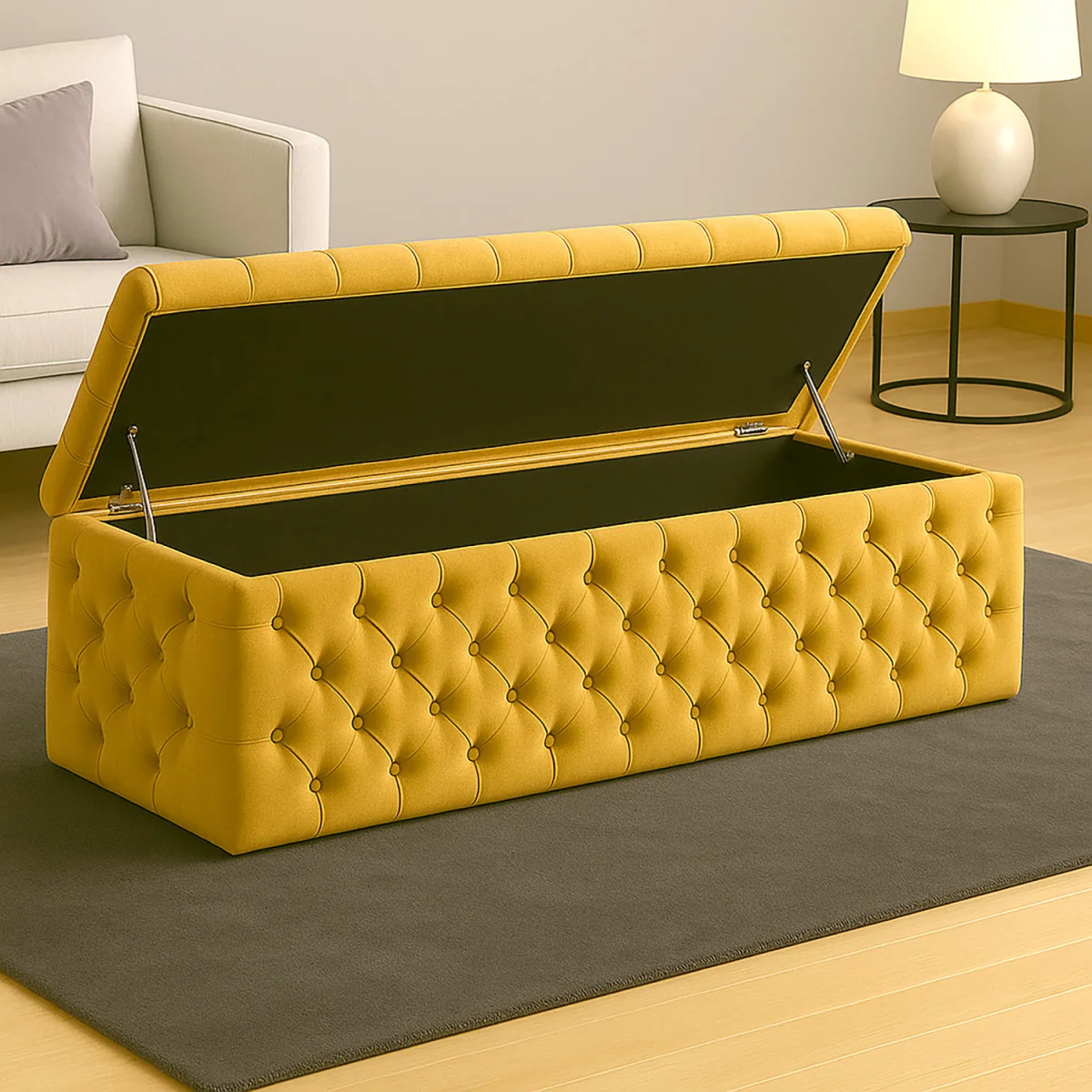 Wide Lux Ottoman Storage Box, Cream Velvet Upholstered Chesterfield Storage Ottoman Box - Mustard Gold Plush Velvet – image 2