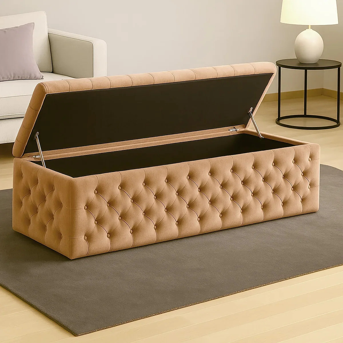 Wide Lux Ottoman Storage Box, Silver Velvet Upholstered Chesterfield Storage Ottoman Box - Brown – image 2