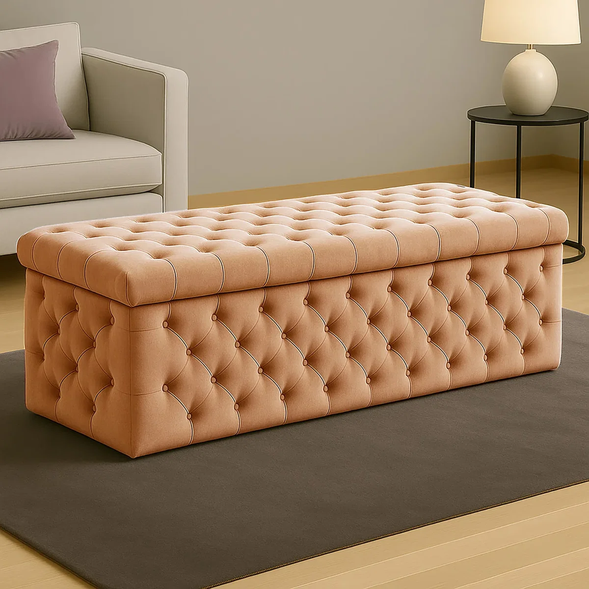 Wide Lux Ottoman Storage Box, Silver Velvet Upholstered Chesterfield Storage Ottoman Box - Brown – image 1