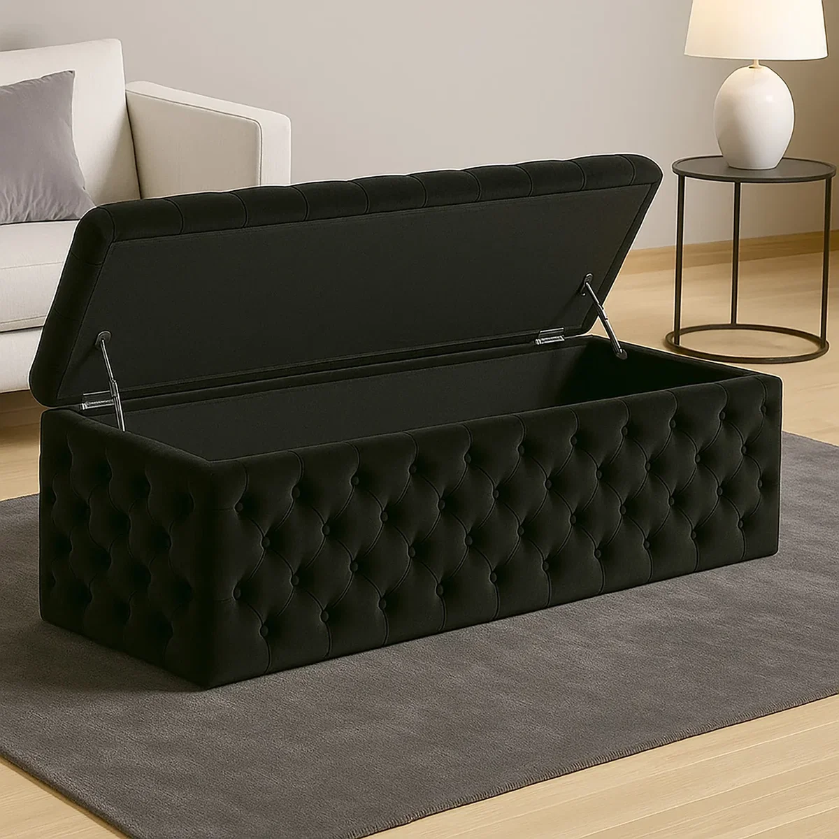 Wide Lux Ottoman Storage Box, Cream Velvet Upholstered Chesterfield Storage Ottoman Box - Black Plush Velvet – image 2