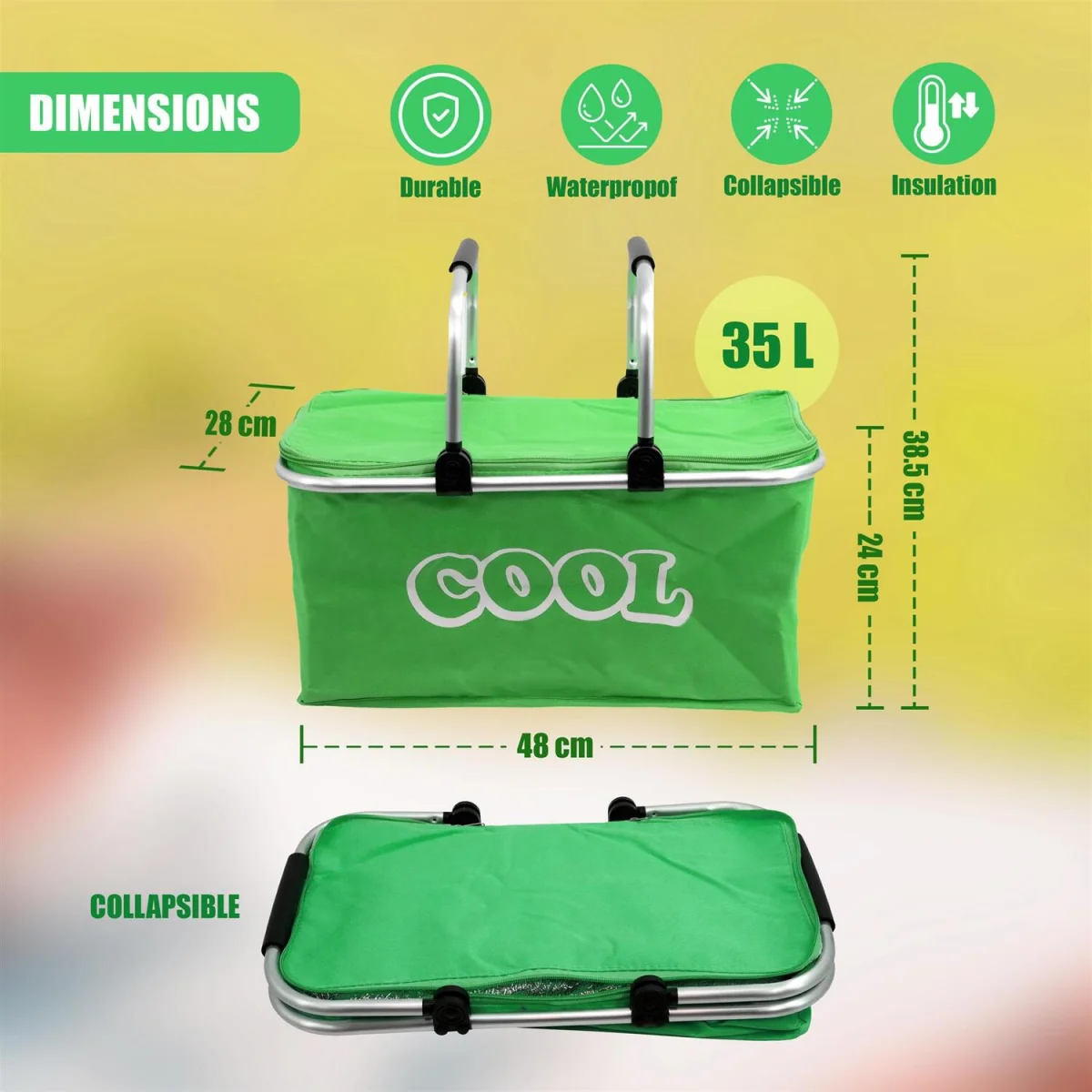 35L Large Insulated Picnic Basket Folding Cooler Bag - Green – image 2