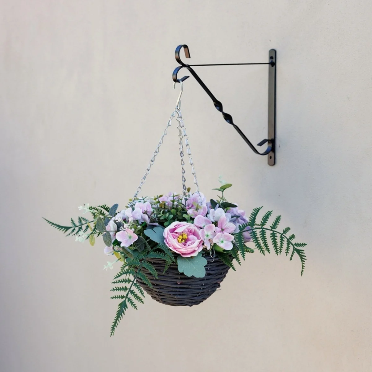 Artificial Peonies and Hydrangeas Hanging Floral Arrangement in Wicker Basket 32cm - Brown