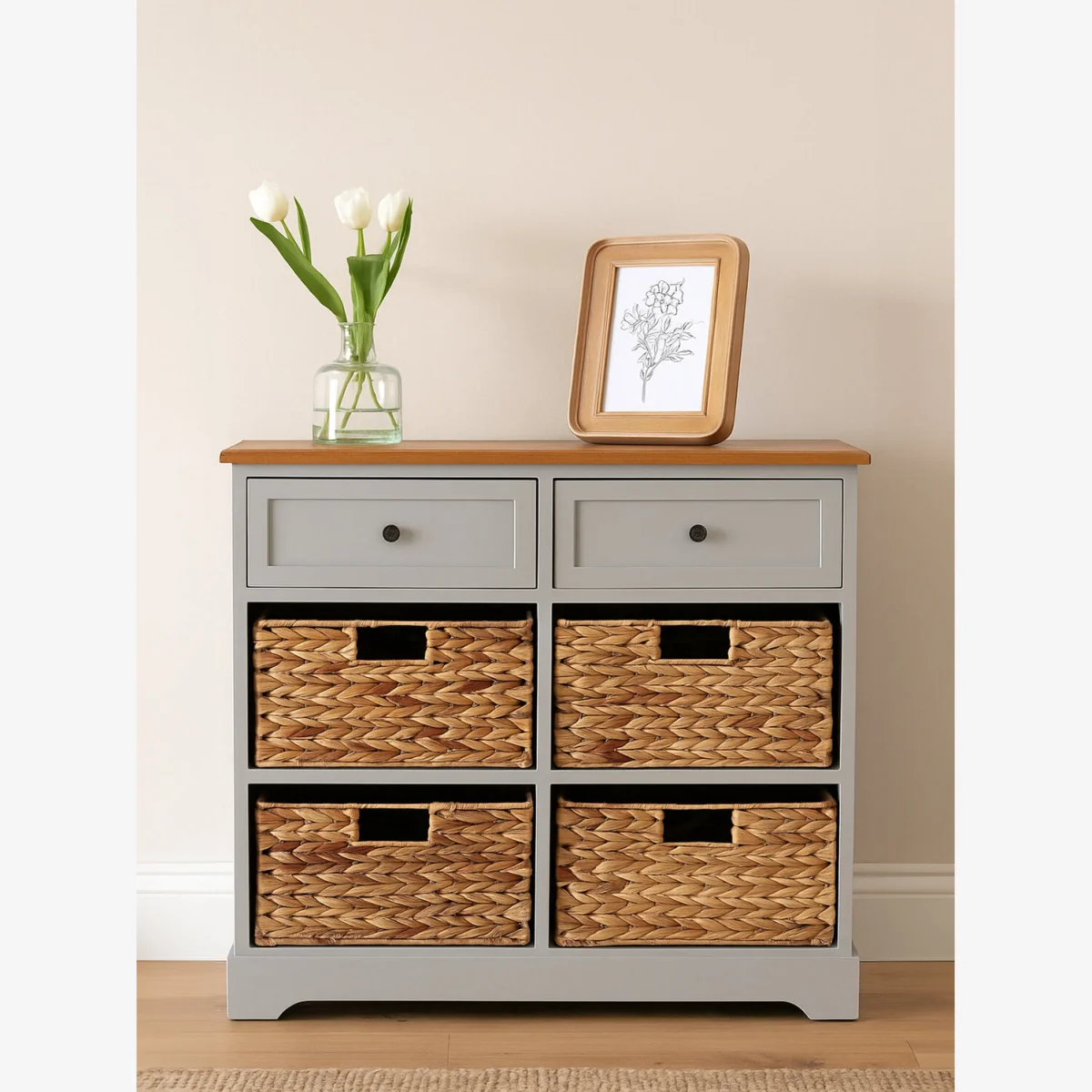 Vermont Two Drawers Four Baskets Cabinet. - Grey – image 1