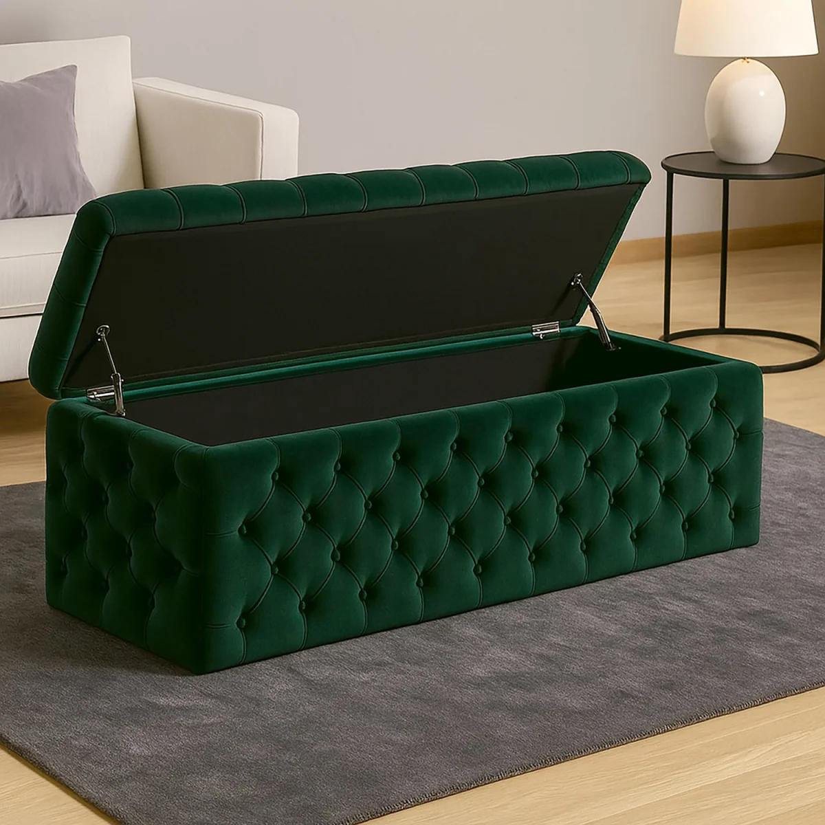 Wide Lux Ottoman Storage Box, Red Velvet Upholstered Chesterfield Storage Ottoman Box - Forest Green Plush Velvet – image 2