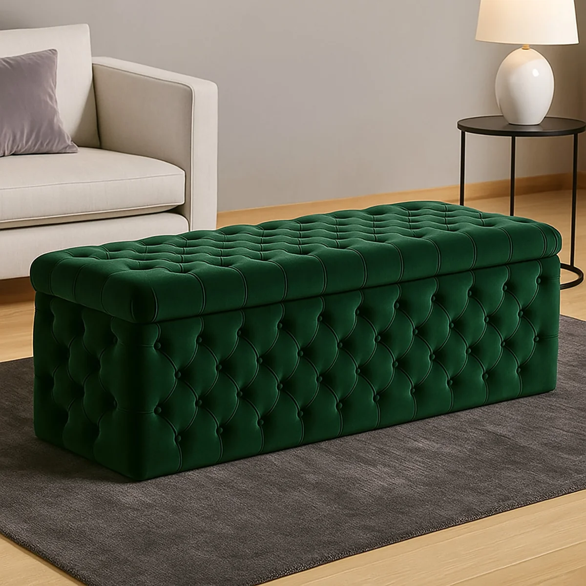 Wide Lux Ottoman Storage Box, Red Velvet Upholstered Chesterfield Storage Ottoman Box - Forest Green Plush Velvet – image 1