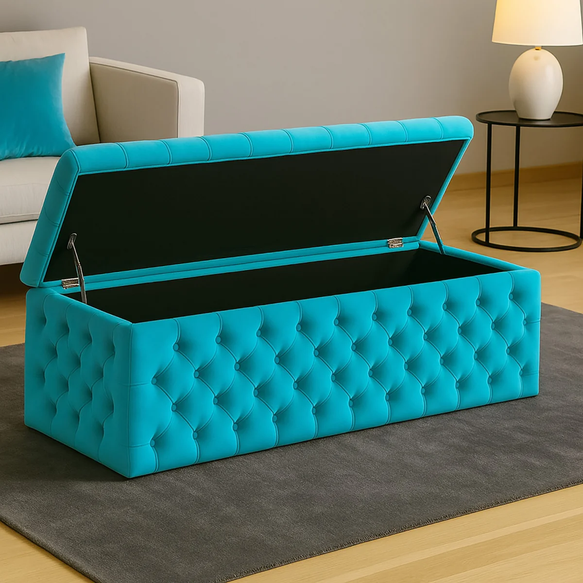 Wide Lux Ottoman Storage Box, Red Velvet Upholstered Chesterfield Storage Ottoman Box - Teal Plush Velvet – image 2