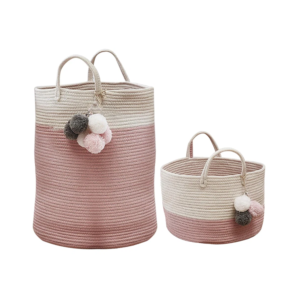 Kidkid Woven Storage Basket with Pom-Poms - pink / 50cm