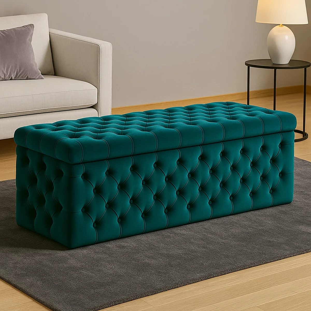 Wide Lux Ottoman Storage Box, Sapphire Blue Velvet Upholstered Chesterfield Storage Ottoman Box - Emerald Green Plush Velvet