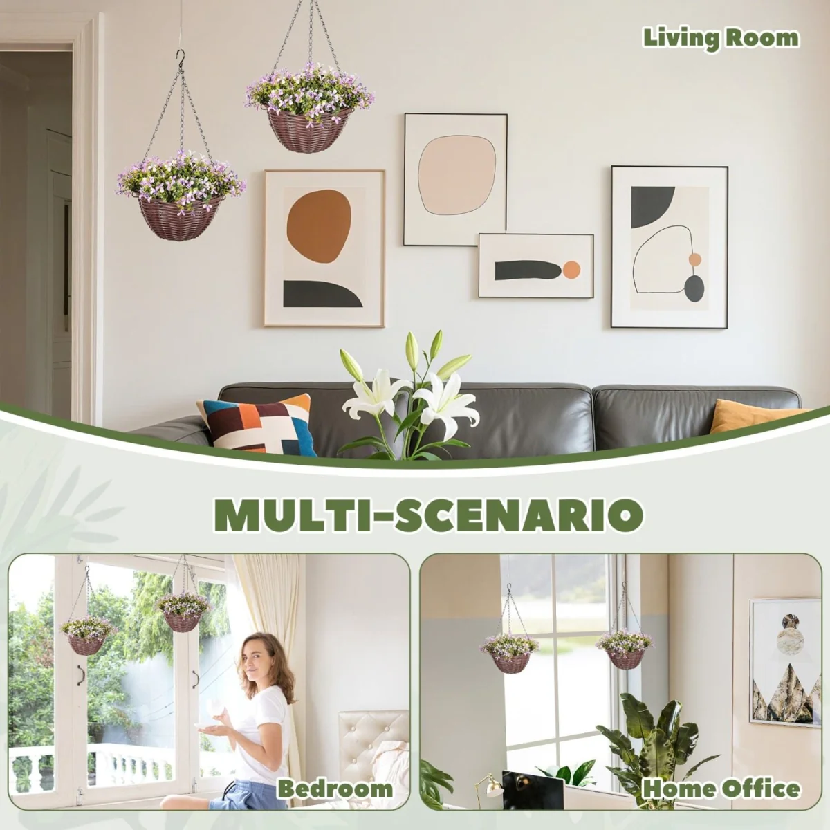 Fito Set of 2 Hanging Artificial Flower Baskets with Mixed Leaves and Blooms for Indoor Display – image 2