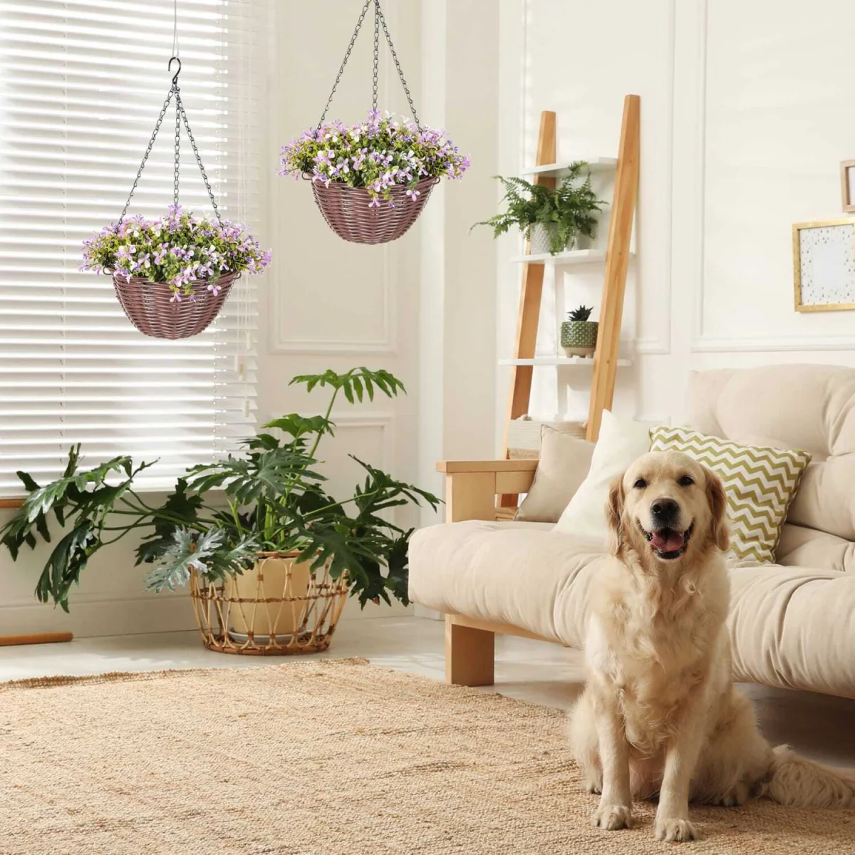 Fito Set of 2 Hanging Artificial Flower Baskets with Mixed Leaves and Blooms for Indoor Display – image 7