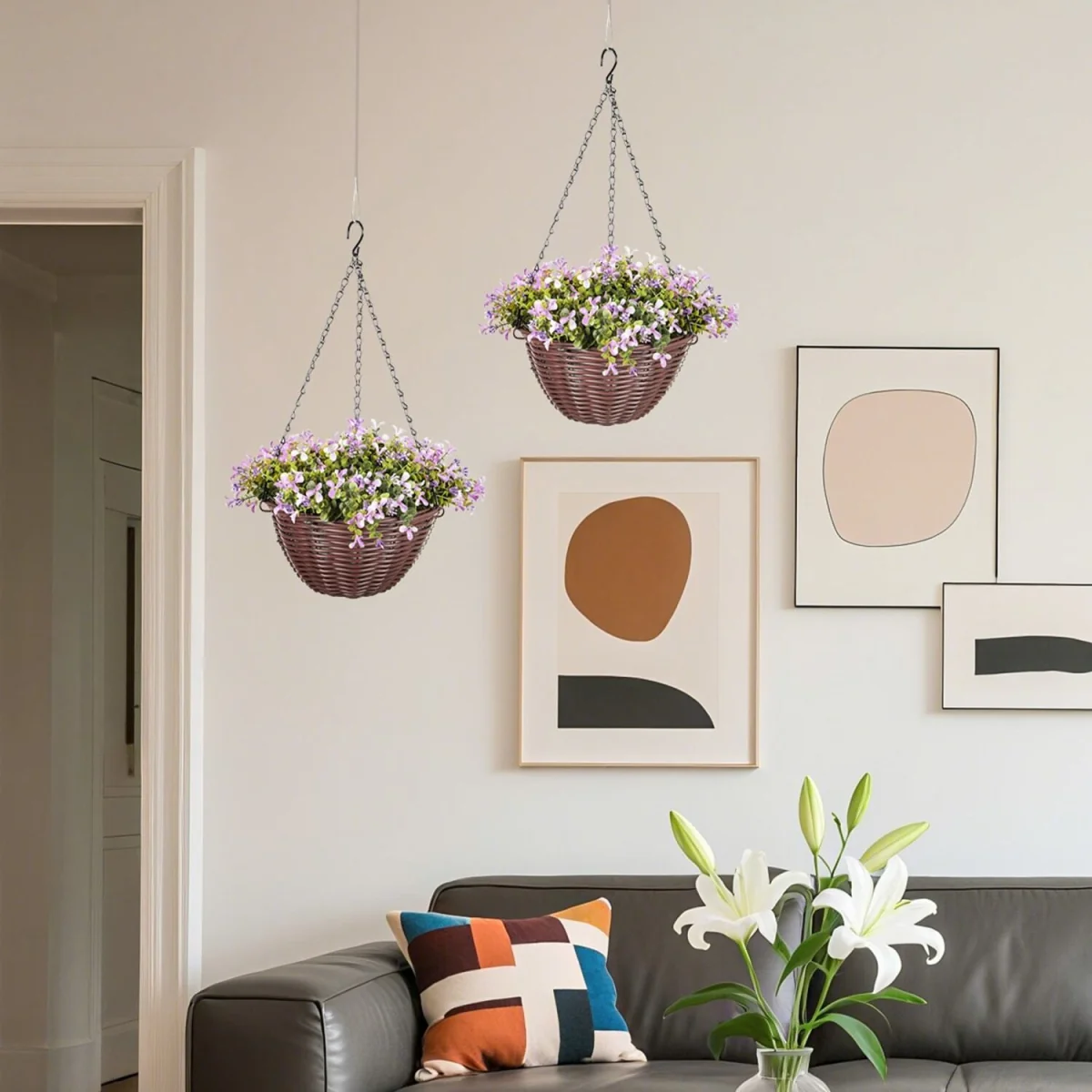 Fito Set of 2 Hanging Artificial Flower Baskets with Mixed Leaves and Blooms for Indoor Display – image 9