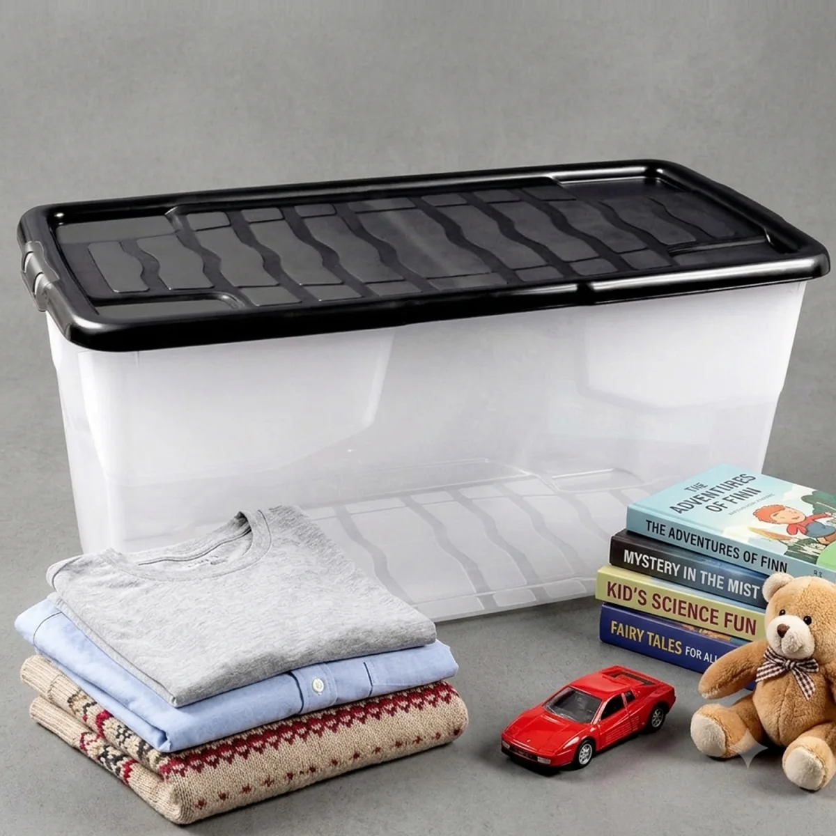 2 x 42L Curved Plastic Storage Box with Black Lid Heavy-Duty & Stackable - Clear – image 2