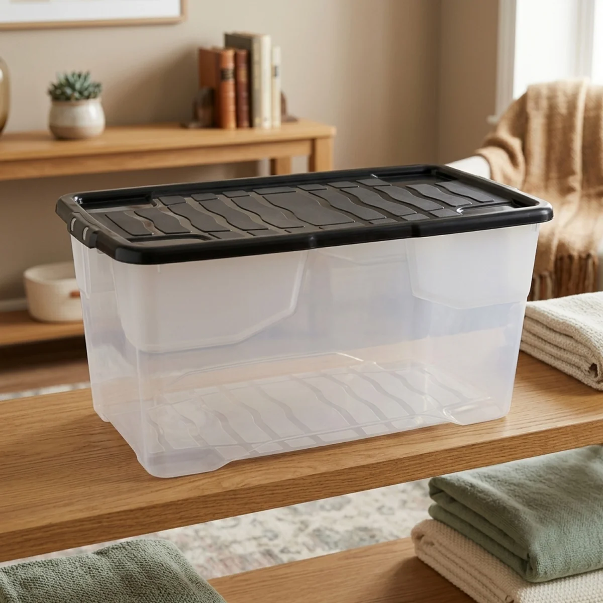 2 x 42L Curved Plastic Storage Box with Black Lid Heavy-Duty & Stackable - Clear – image 3