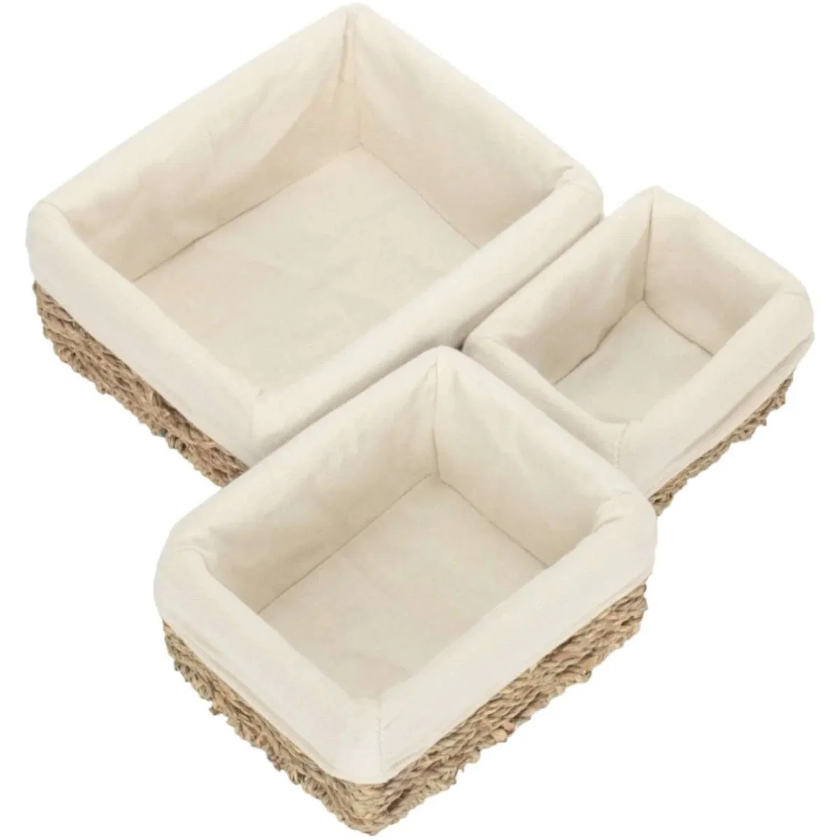 Set of 3 Rectangular Cotton Lined Seagrass Basket Trays - Brown – image 2