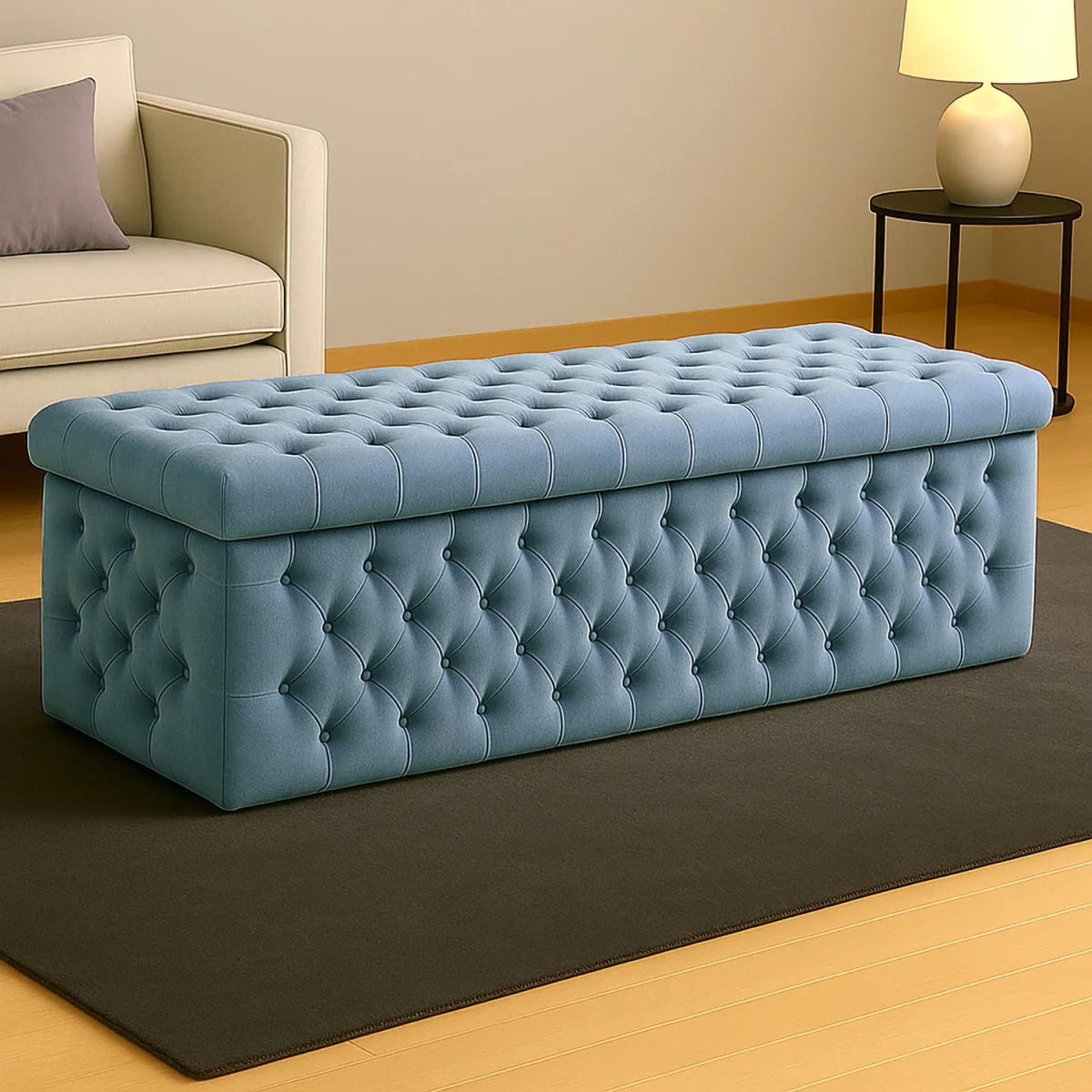 Wide Lux Ottoman Storage Box, Sapphire Blue Velvet Upholstered Chesterfield Storage Ottoman Box - Duck Egg Plush Velvet