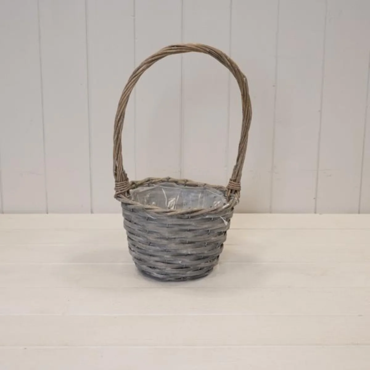 Round GreyWashed Willow Basket with overhandle - Grey