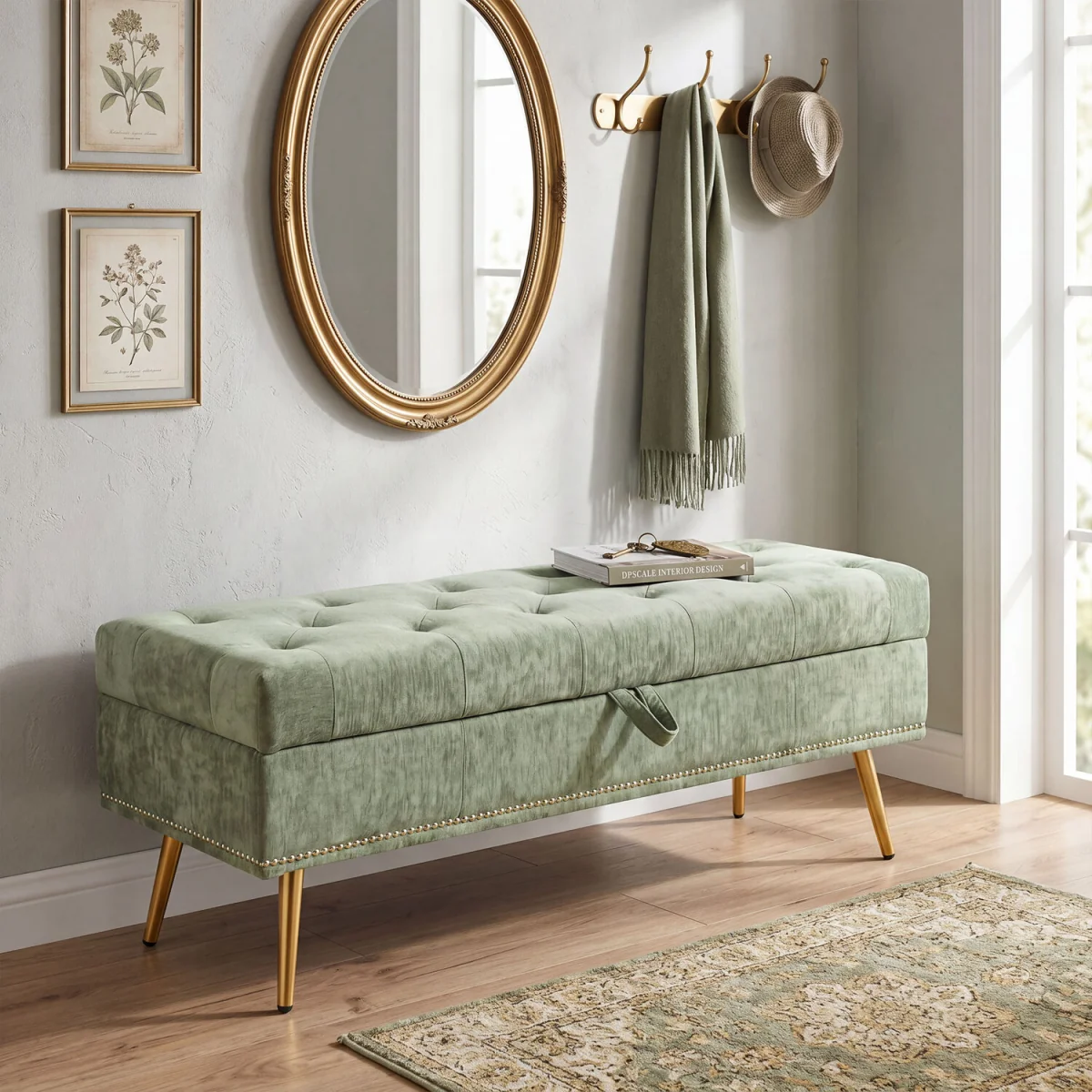 HOMCOM Storage Ottoman, Chenille Ottoman Storage Box - Light Green – image 2