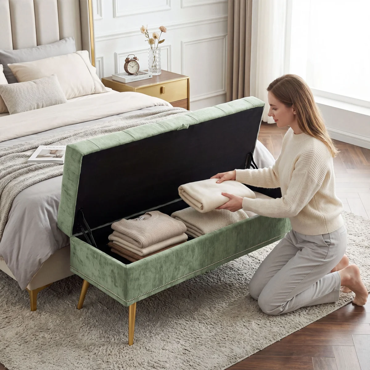 HOMCOM Storage Ottoman, Chenille Ottoman Storage Box - Light Green – image 3
