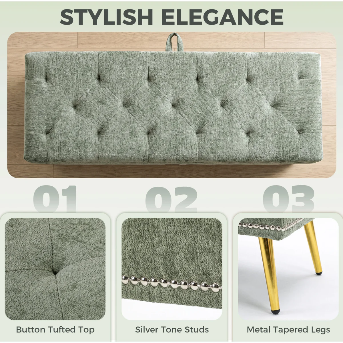 HOMCOM Storage Ottoman, Chenille Ottoman Storage Box - Light Green – image 5