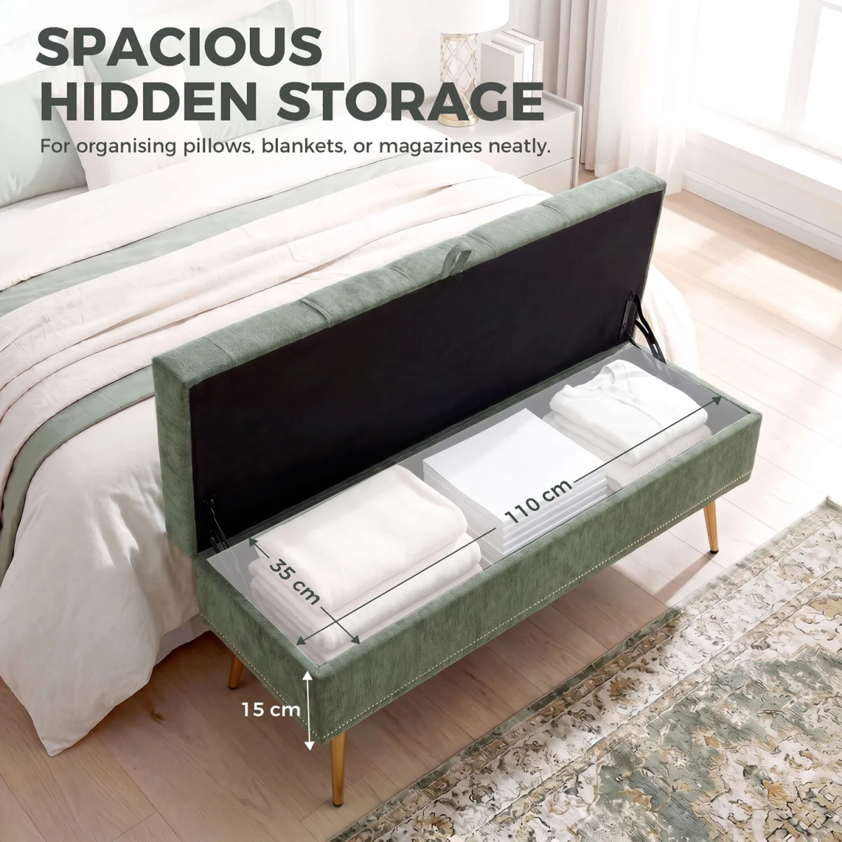 HOMCOM Storage Ottoman, Chenille Ottoman Storage Box - Light Green – image 7