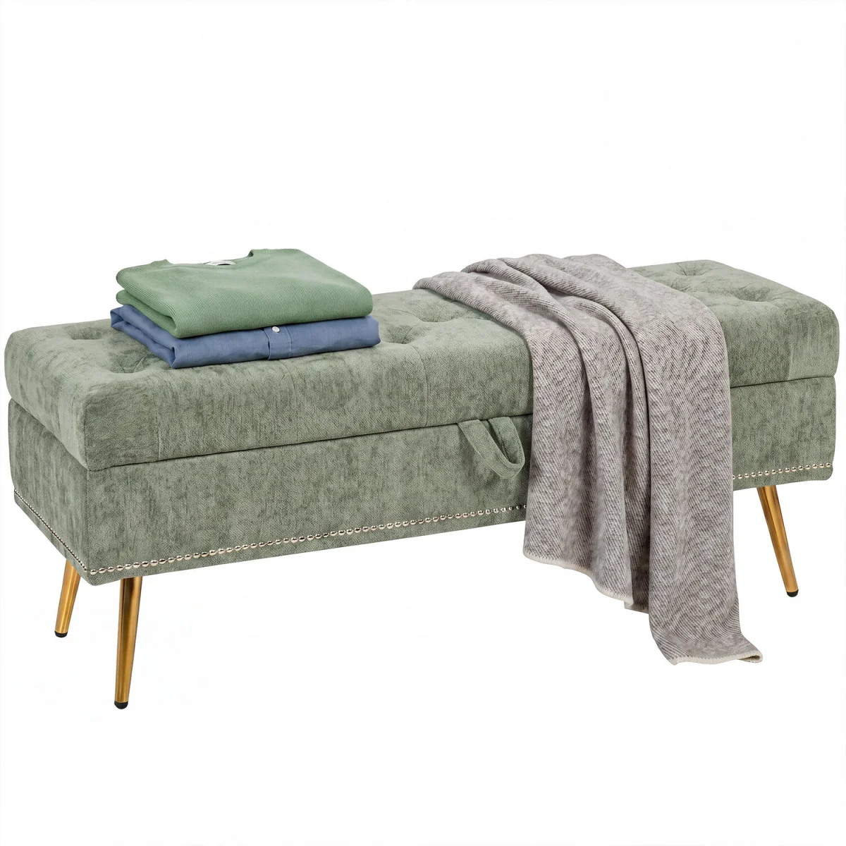 HOMCOM Storage Ottoman, Chenille Ottoman Storage Box - Light Green – image 8