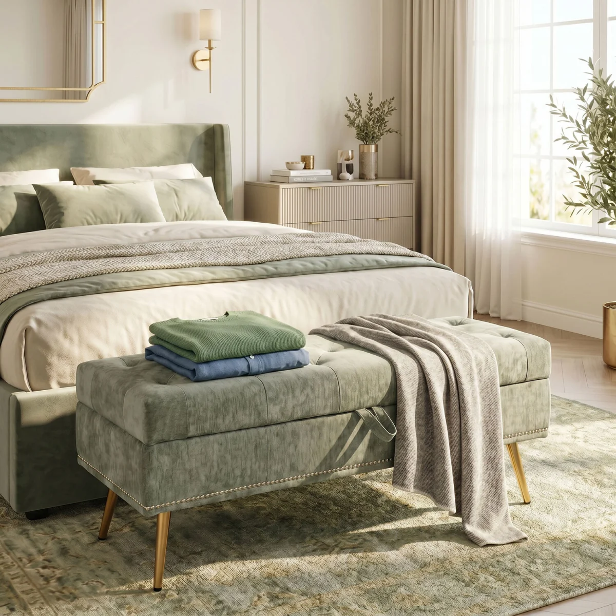 HOMCOM Storage Ottoman, Chenille Ottoman Storage Box - Light Green – image 1