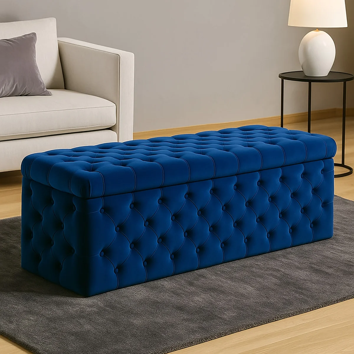 Wide Lux Ottoman Storage Box, Emerald Green Velvet Upholstered Chesterfield Storage Ottoman Box - Sapphire Blue Plush Velvet