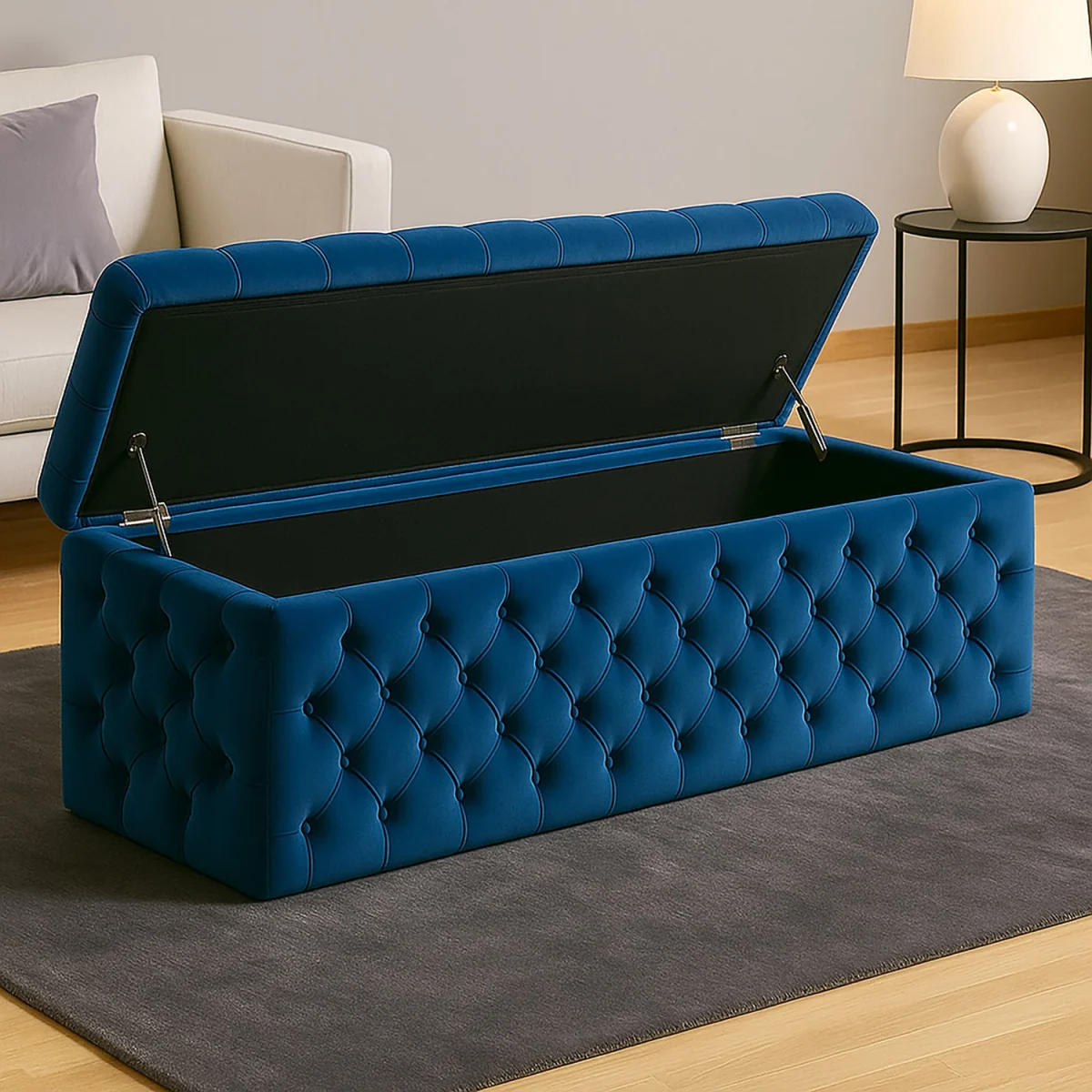 Wide Lux Ottoman Storage Box, Cream Velvet Upholstered Chesterfield Storage Ottoman Box - Sapphire Blue Plush Velvet – image 2