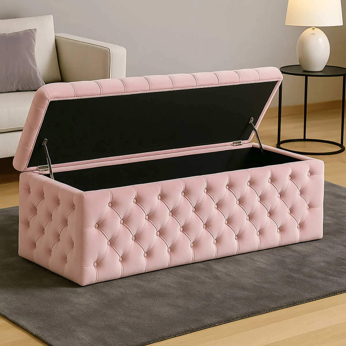 Wide Lux Ottoman Storage Box, Silver Velvet Upholstered Chesterfield Storage Ottoman Box - Pink – image 2