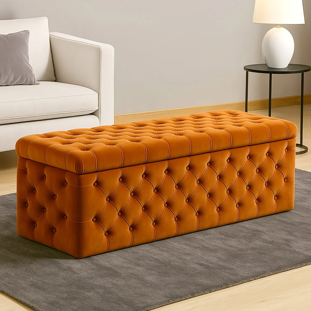 Wide Lux Ottoman Storage Box, Cream Velvet Upholstered Chesterfield Storage Ottoman Box - Burnt Orange Plush Velvet