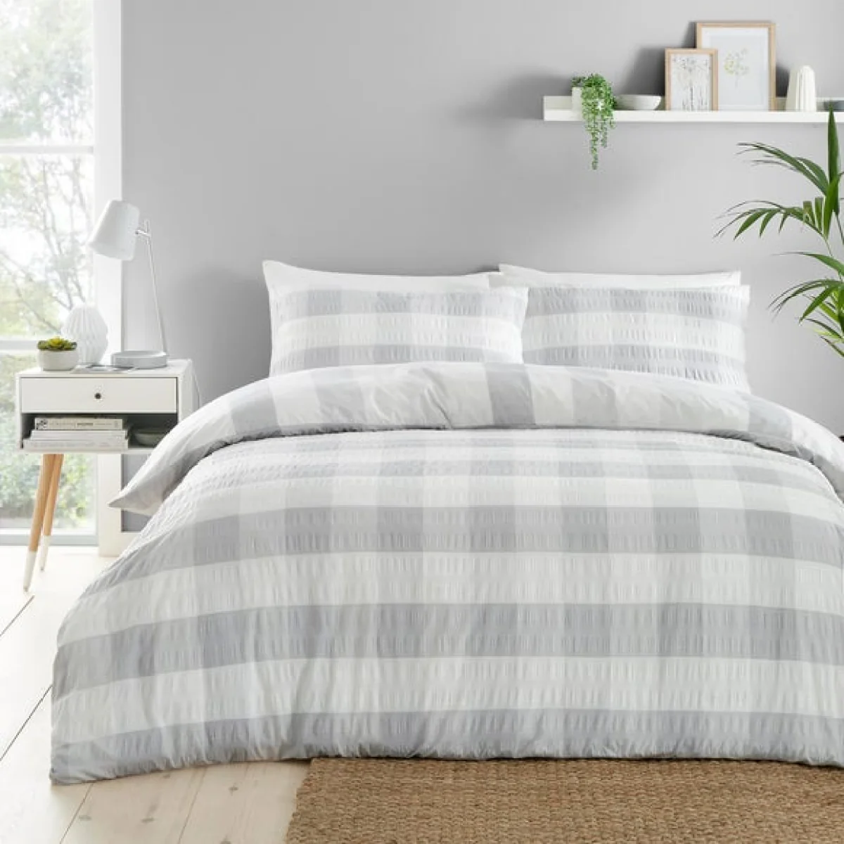 Fusion Seersucker Gingham Duvet Cover and Pillowcase Set Green – image 2