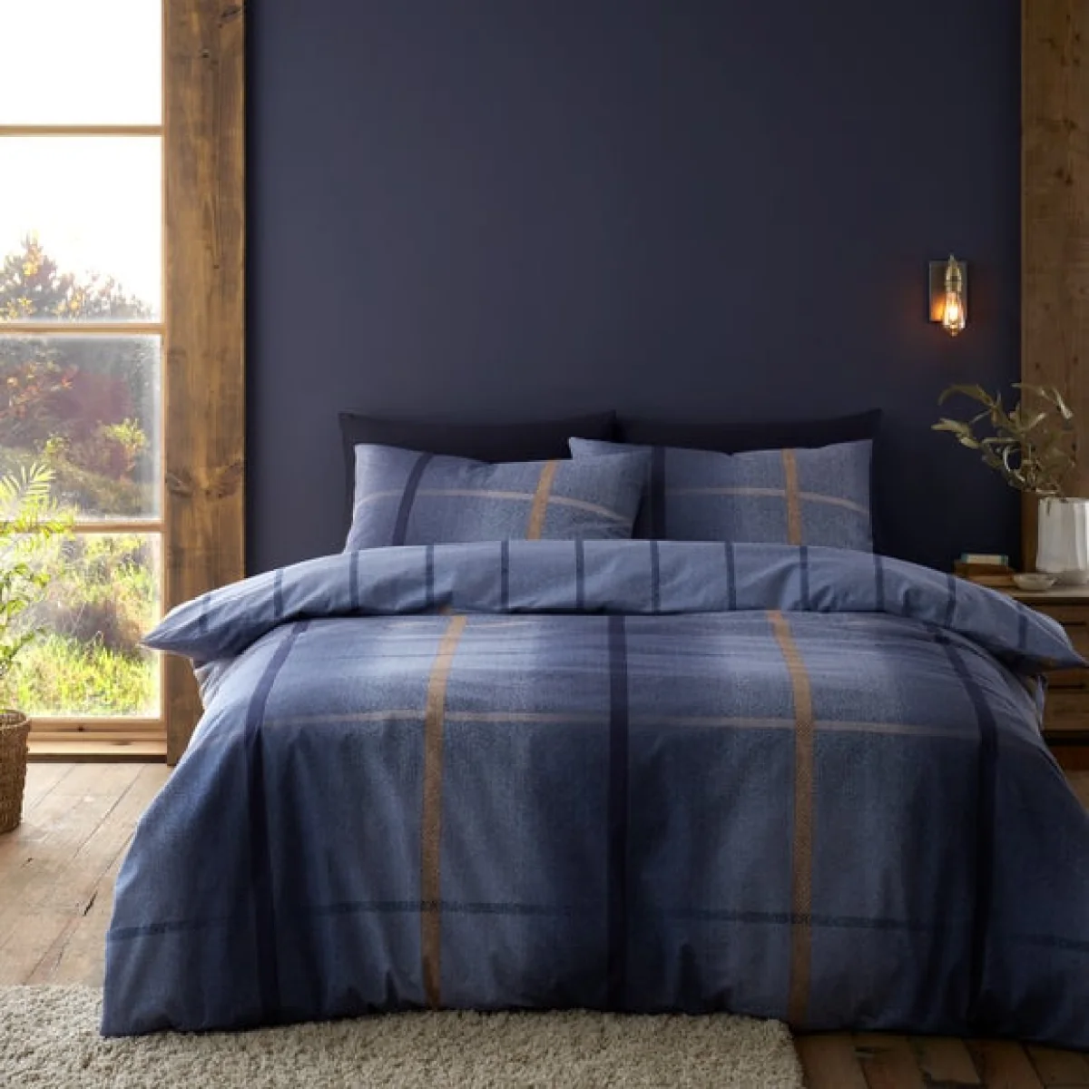 Catherine Lansfield Melrose Tweed 100% Brushed Cotton Duvet Cover & Pillowcase Set Blue – image 1