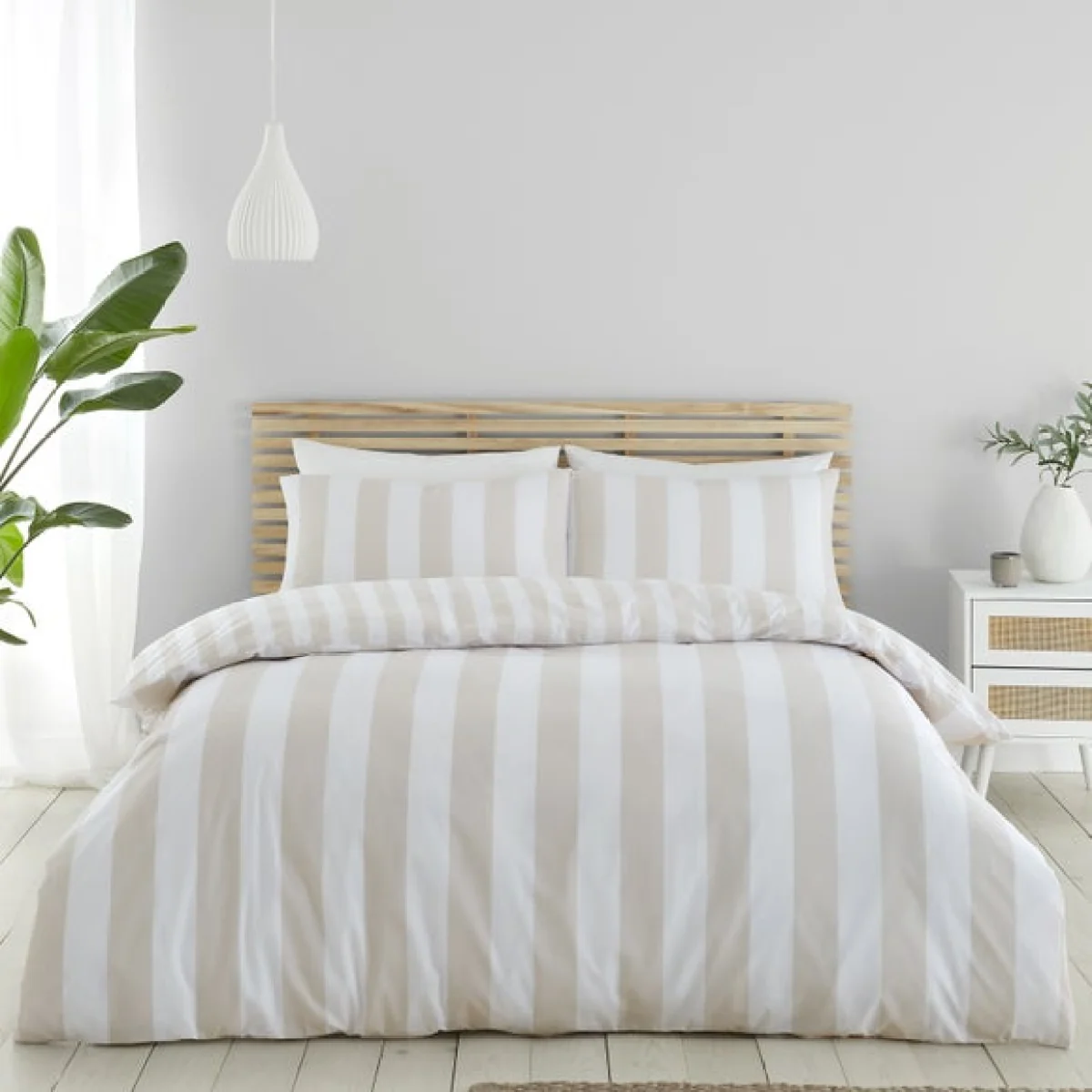 Catherine Lansfield Cove Stripe Natural Duvet Cover and Pillowcase Set Natural – image 1