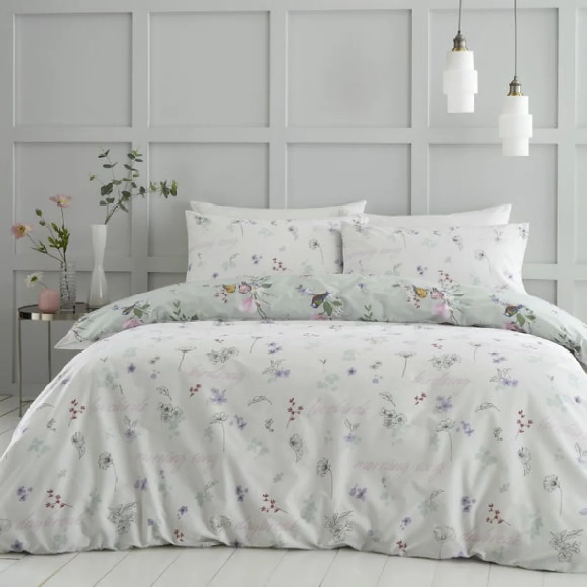 Catherine Lansfield Songbird Sage Reversible Duvet Cover & Pillowcase Set Sage (Green) – image 3