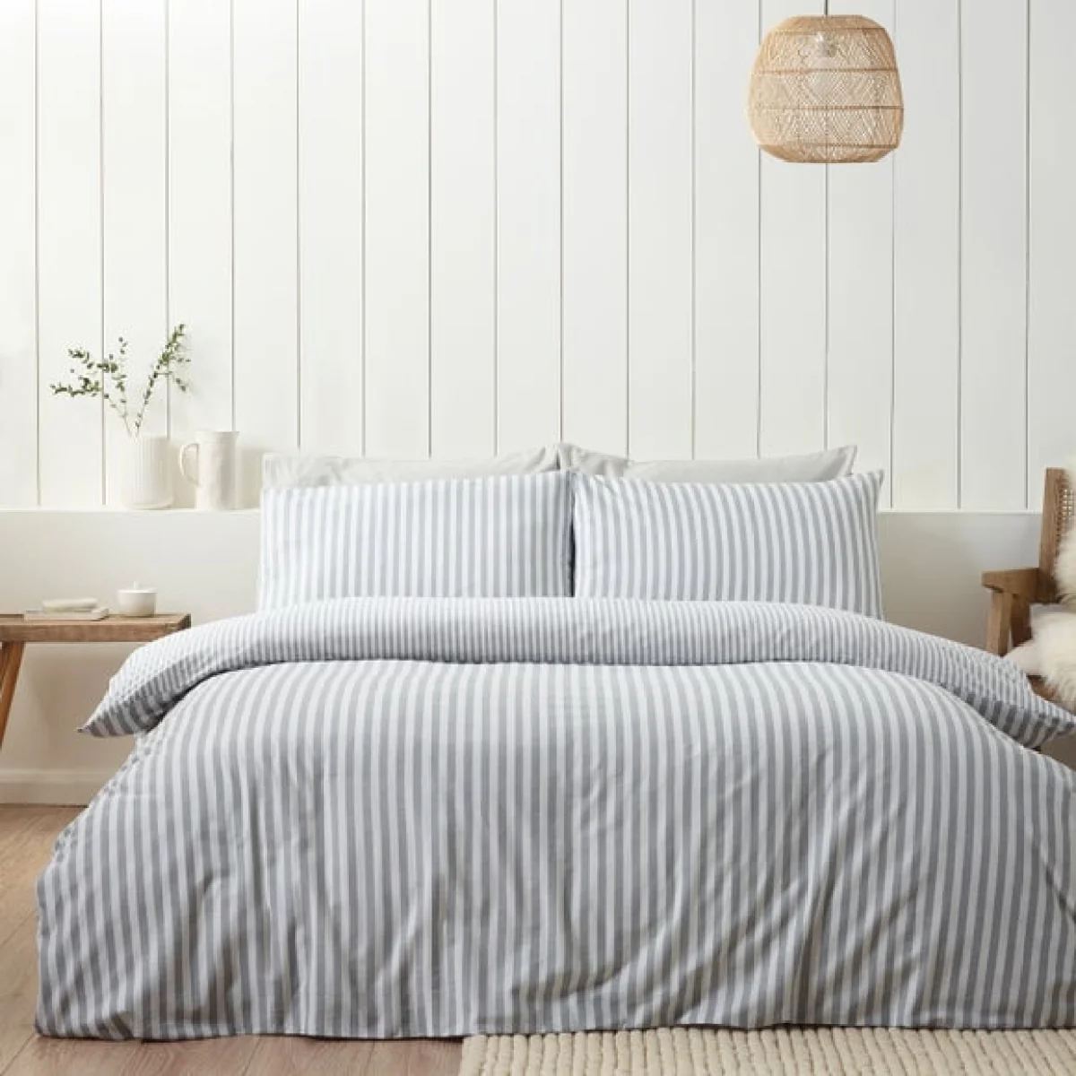 Catherine Lansfield Reversible Stripe 100% Brushed Cotton Duvet Cover & Pillowcase Set Natural – image 2