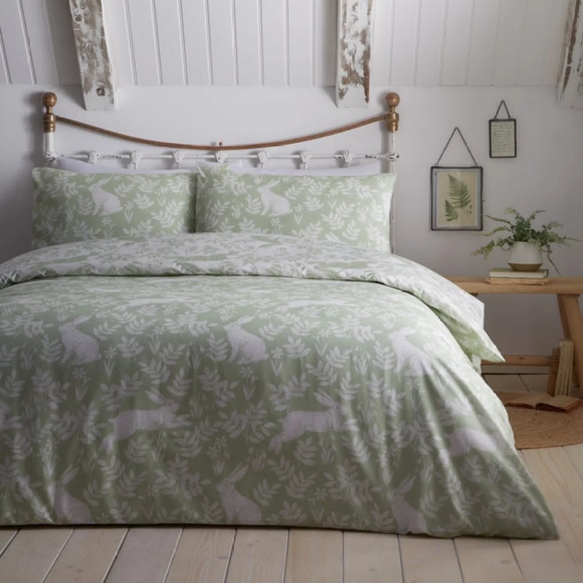 Dreams and Drapes Spring Rabbits Reversible Duvet Cover and Pillowcase Set Green – image 1