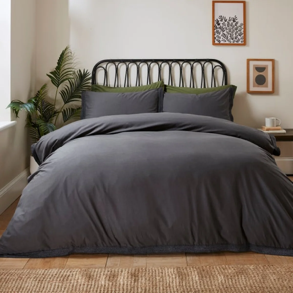 Ludlow Washed Cotton Duvet Cover and Pillowcase Set Charcoal (Grey) – image 1