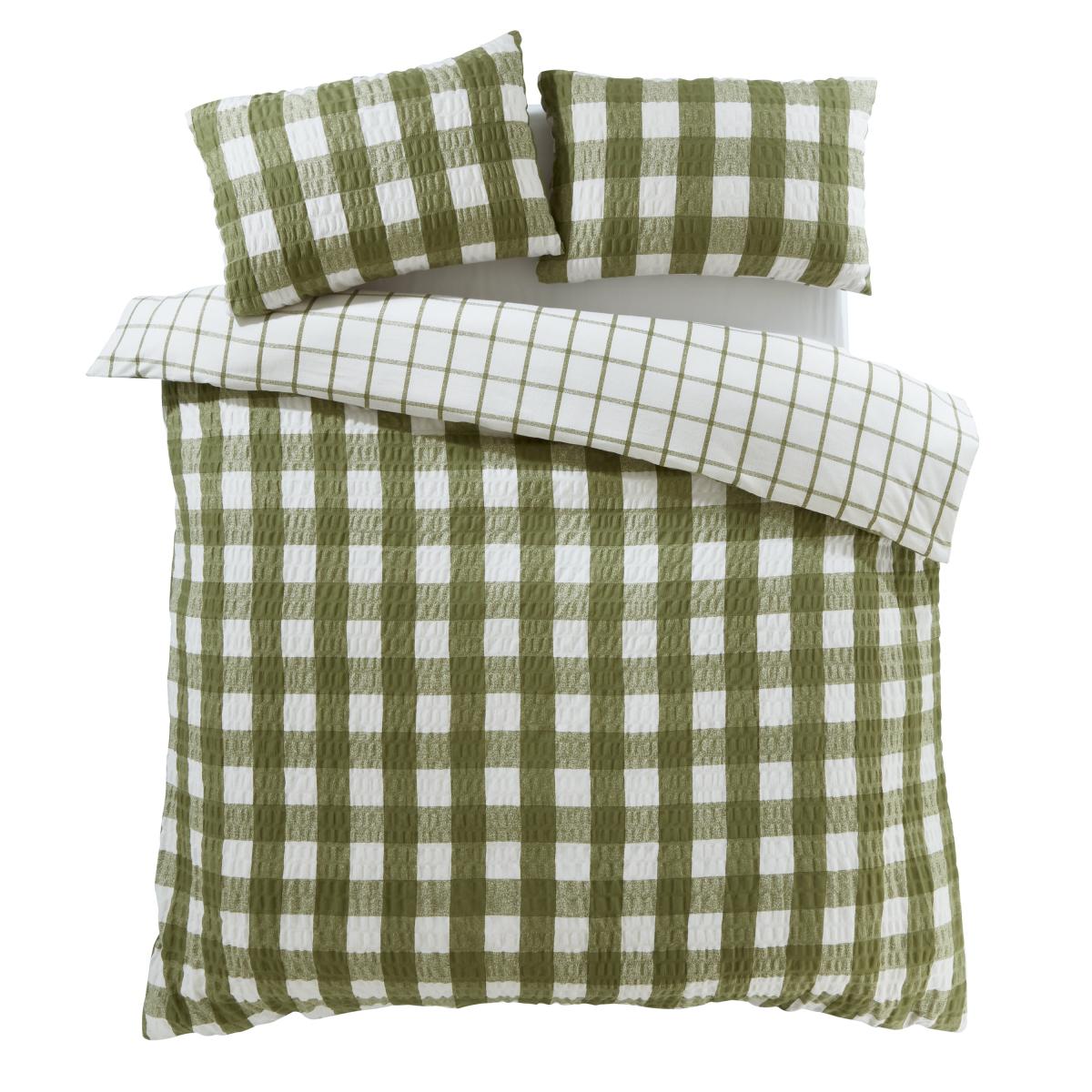 Catherine Lansfield Olive Gingham Seersucker Duvet Cover and Pillowcase Set Olive (Green) – image 6