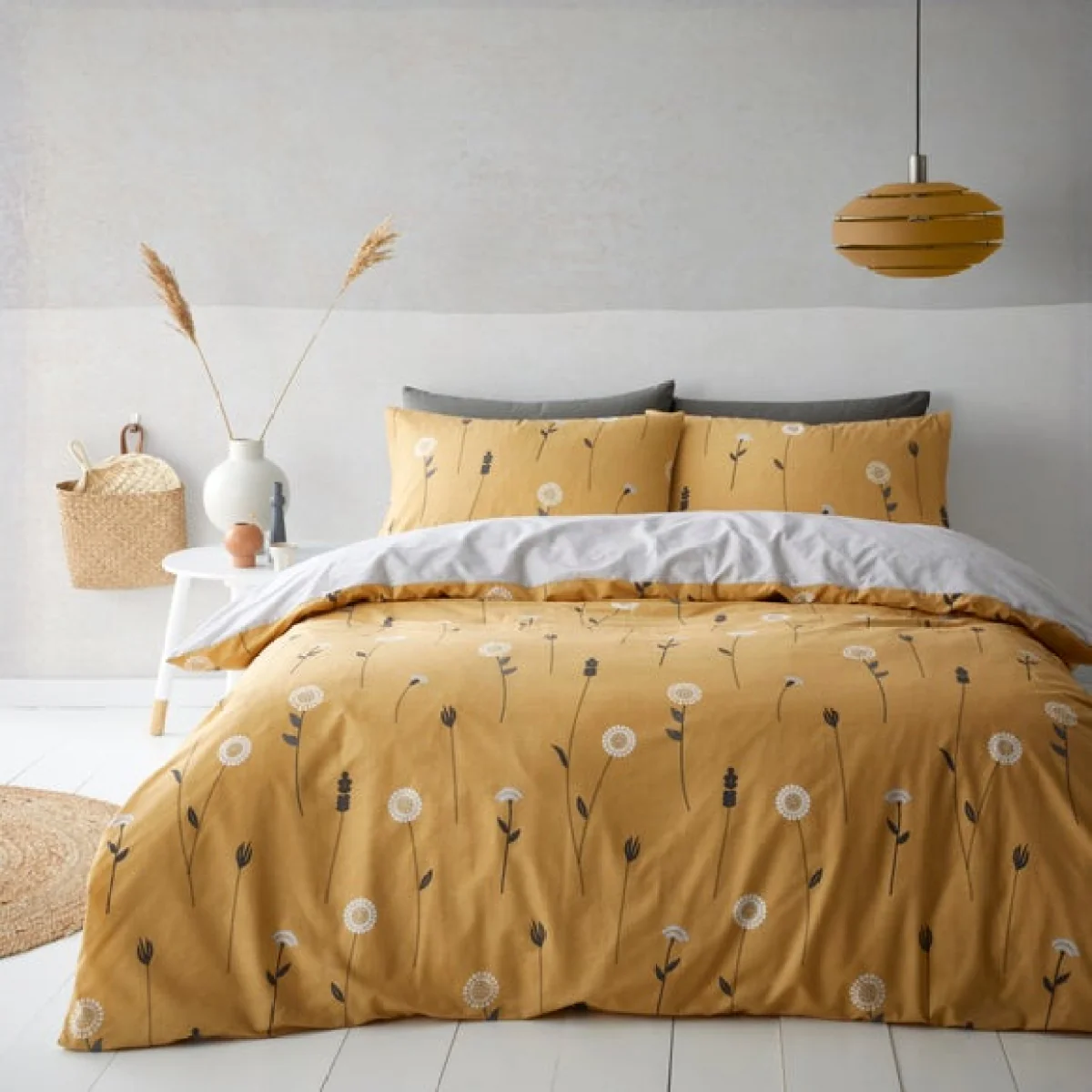 Scandi Floral Grey Duvet Cover and Pillowcase Set Grey/Yellow/White – image 2